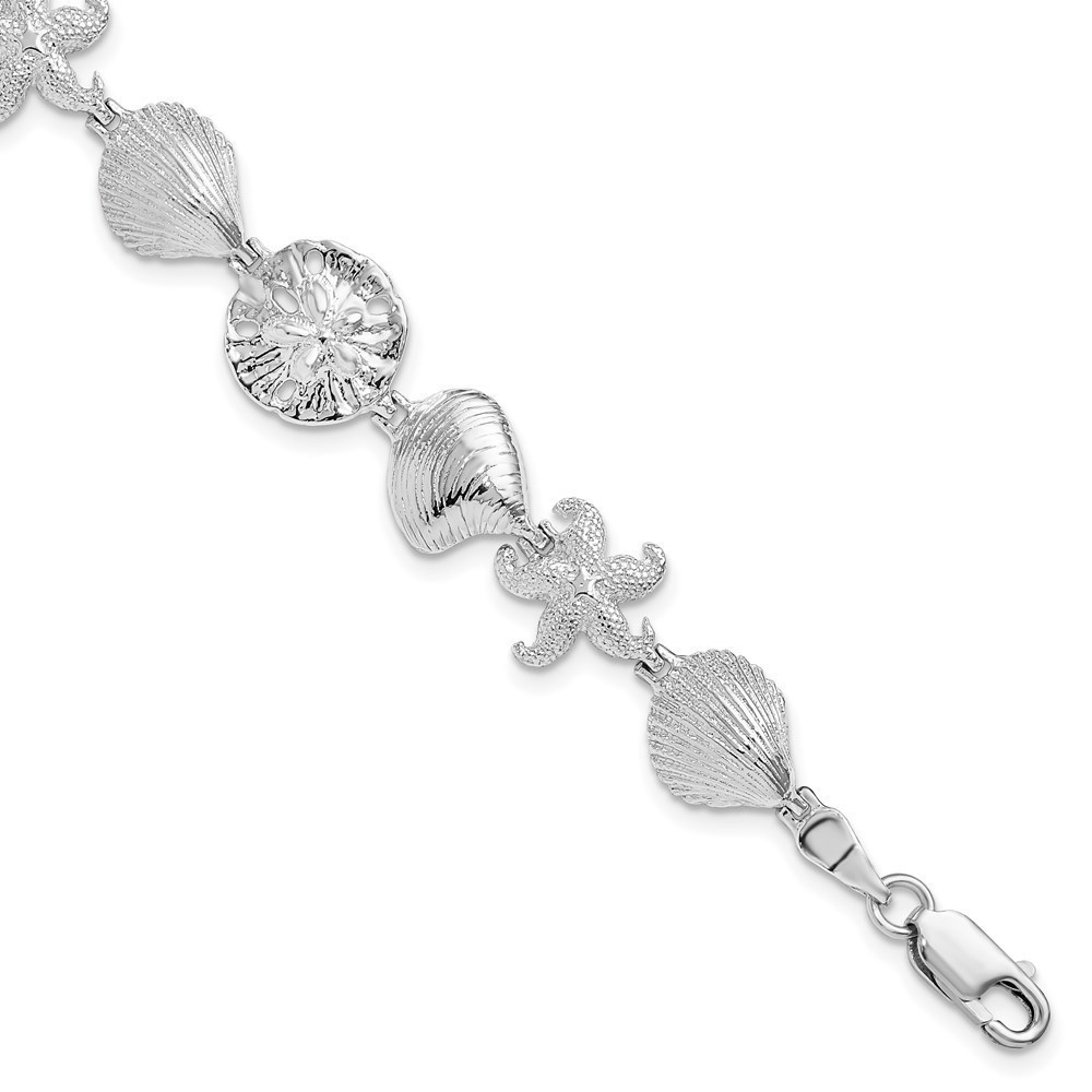 925 Sterling Silver Rhod-plated Polished Starfish,Shells,Sand Dollar Bracelet